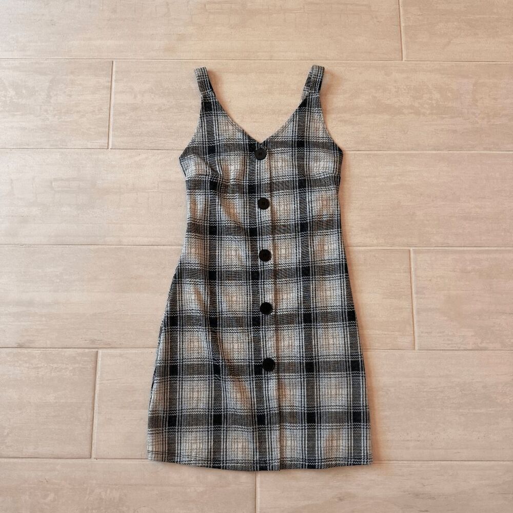 Popular Basics Mini Dress 90s Plaid Sleeveless Button Stretchy Clueless Medium
